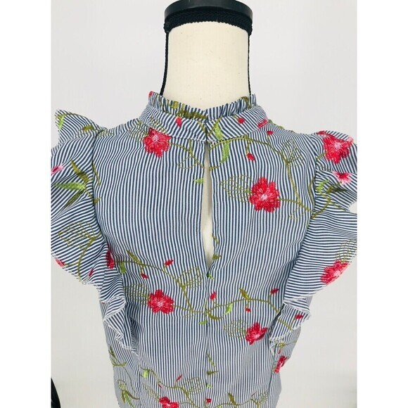 BCBGeneration Blue White Pinstripe Floral Embroidered High Neck Ruffle Top Small - Picture 8 of 12